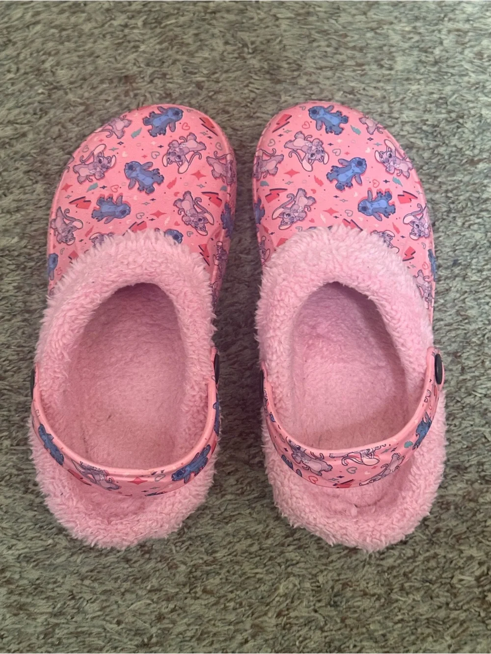 Kids Pink Plush-Lined Slip-On Clogs with Cute Blue Character Print